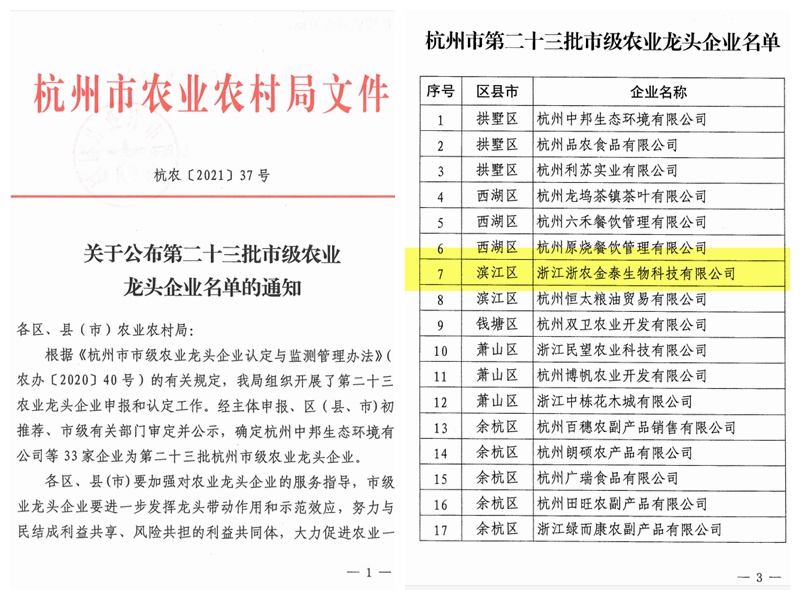 浙農金泰獲評杭州市級農業(yè)龍頭企業(yè)